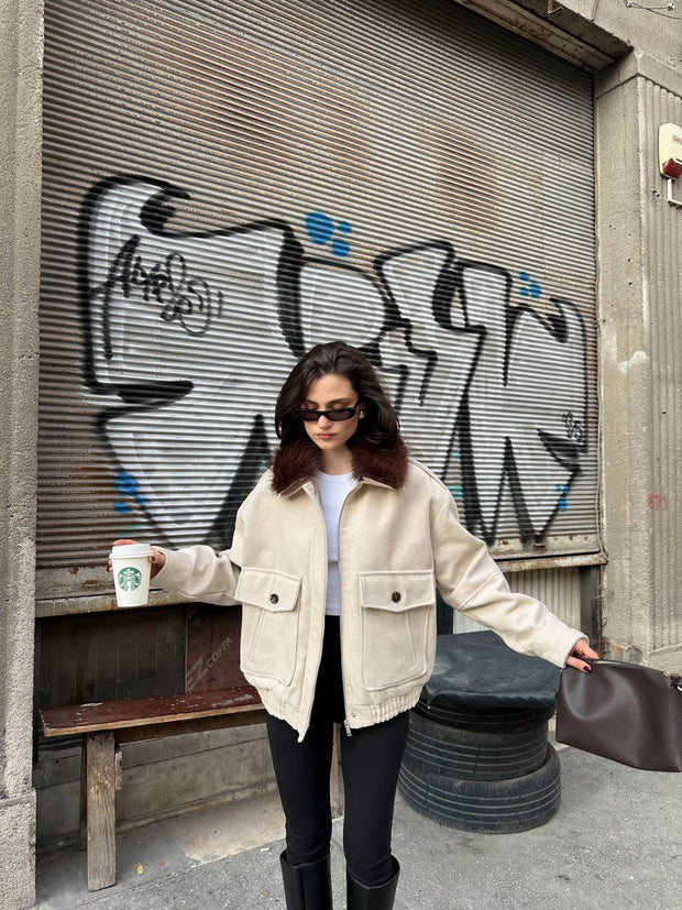 Luneviea Kadın Kaşe Yaka Kürklü Mont