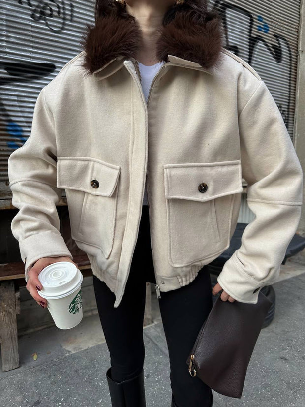 Luneviea Kadın Kaşe Yaka Kürklü Mont